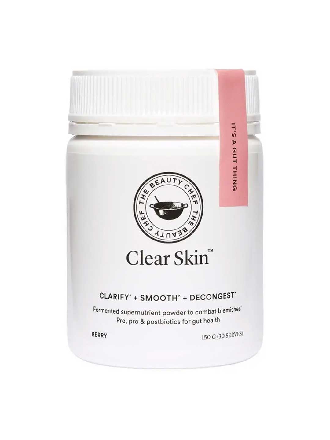 A white container of The Beauty Chef Clear Skin™ Berry 150g with a pink-labeled lid. This fermented supernutrient powder supports gut and skin health, and is formulated to clarify and decongest blemish-prone skin.