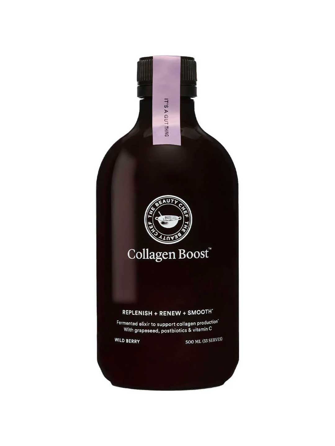 The Beauty Chef Collagen Boost™ 500ml is a dark bottle with a purple cap and ribbon, containing a wild berry-flavored probiotic elixir with grapeseed, postbiotics, vitamin C, and vegan collagen to support collagen production.