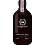 The Beauty Chef Collagen Boost™ 500ml is a dark bottle with a purple cap and ribbon, containing a wild berry-flavored probiotic elixir with grapeseed, postbiotics, vitamin C, and vegan collagen to support collagen production.