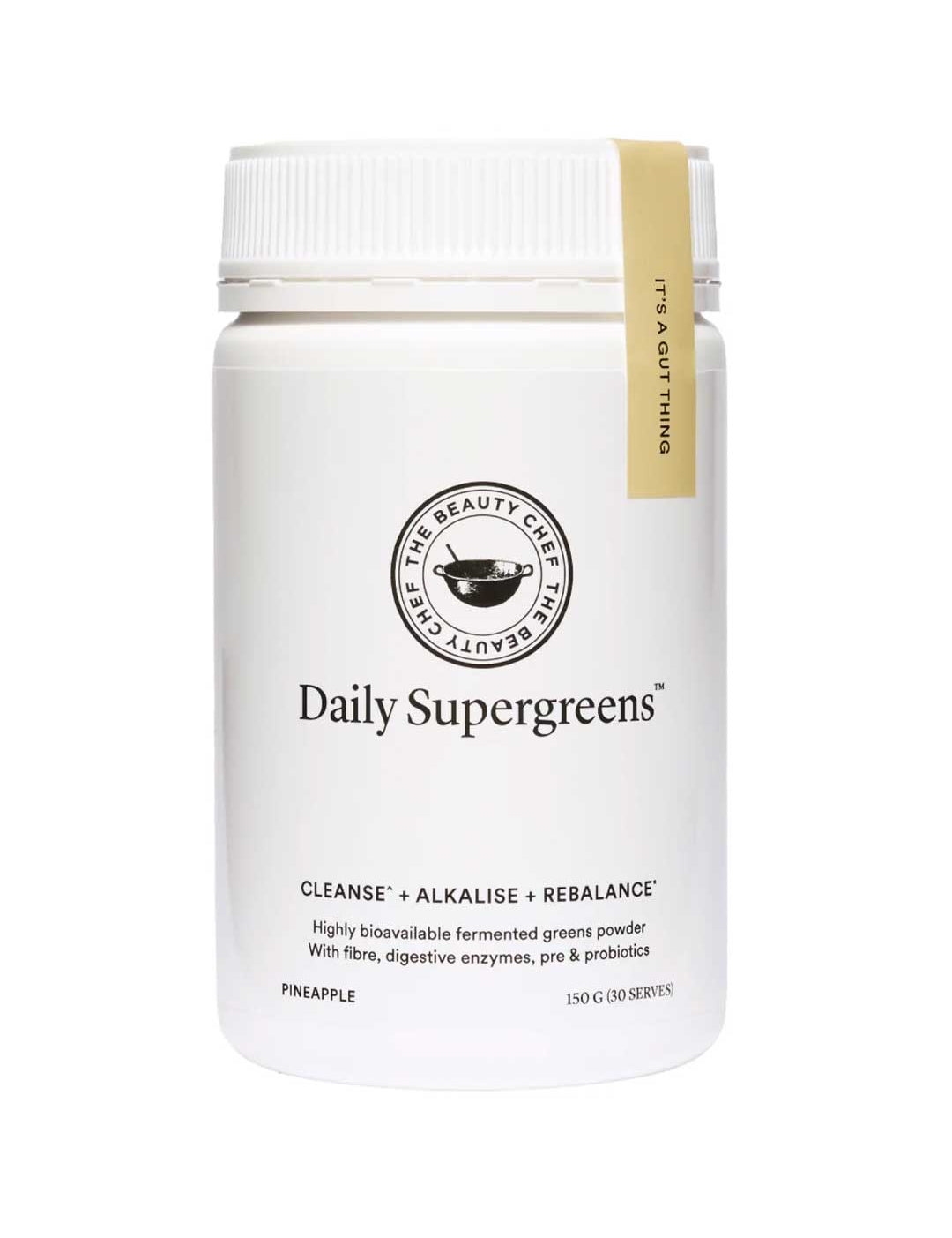 A white container of The Beauty Chef Daily Supergreens Inner Beauty Support Pineapple 150g features text on cleansing, alkalizing, and rebalancing. This pineapple-flavored supergreens powder contains probiotics for gut health support.