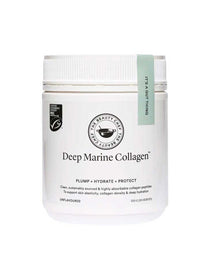 The Beauty Chef Deep Marine Collagen™ Unflavoured 150g is a white plastic jar with a white lid and green seal, containing hydrolysed marine collagen powder to support skin elasticity, collagen density, hydration, and inner beauty.