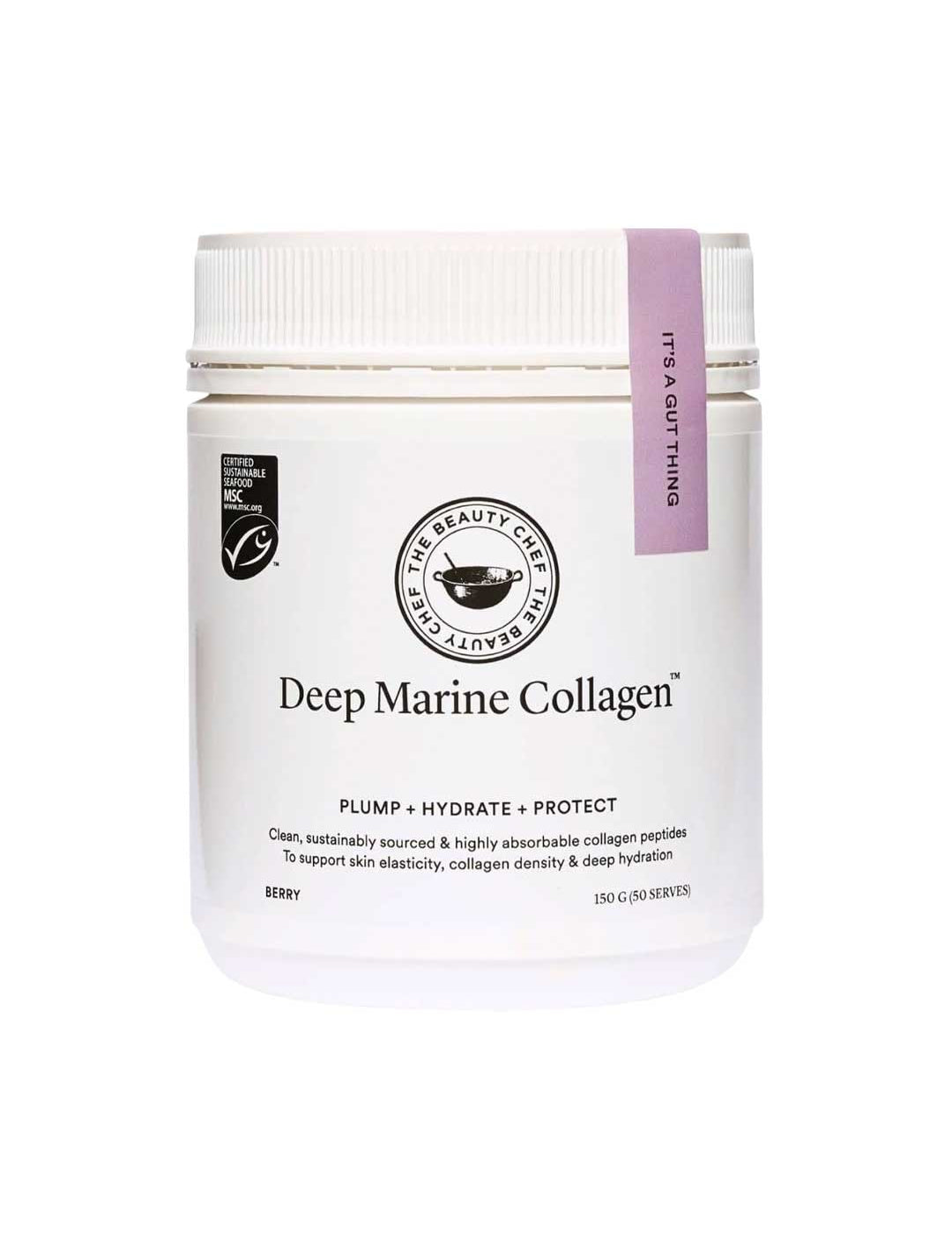 A white jar of The Beauty Chef Deep Marine Collagen™ - Berry 150g with a purple-lidded label. This berry-flavored powder supports plumper, hydrated skin and improved elasticity, and contains 15 servings.