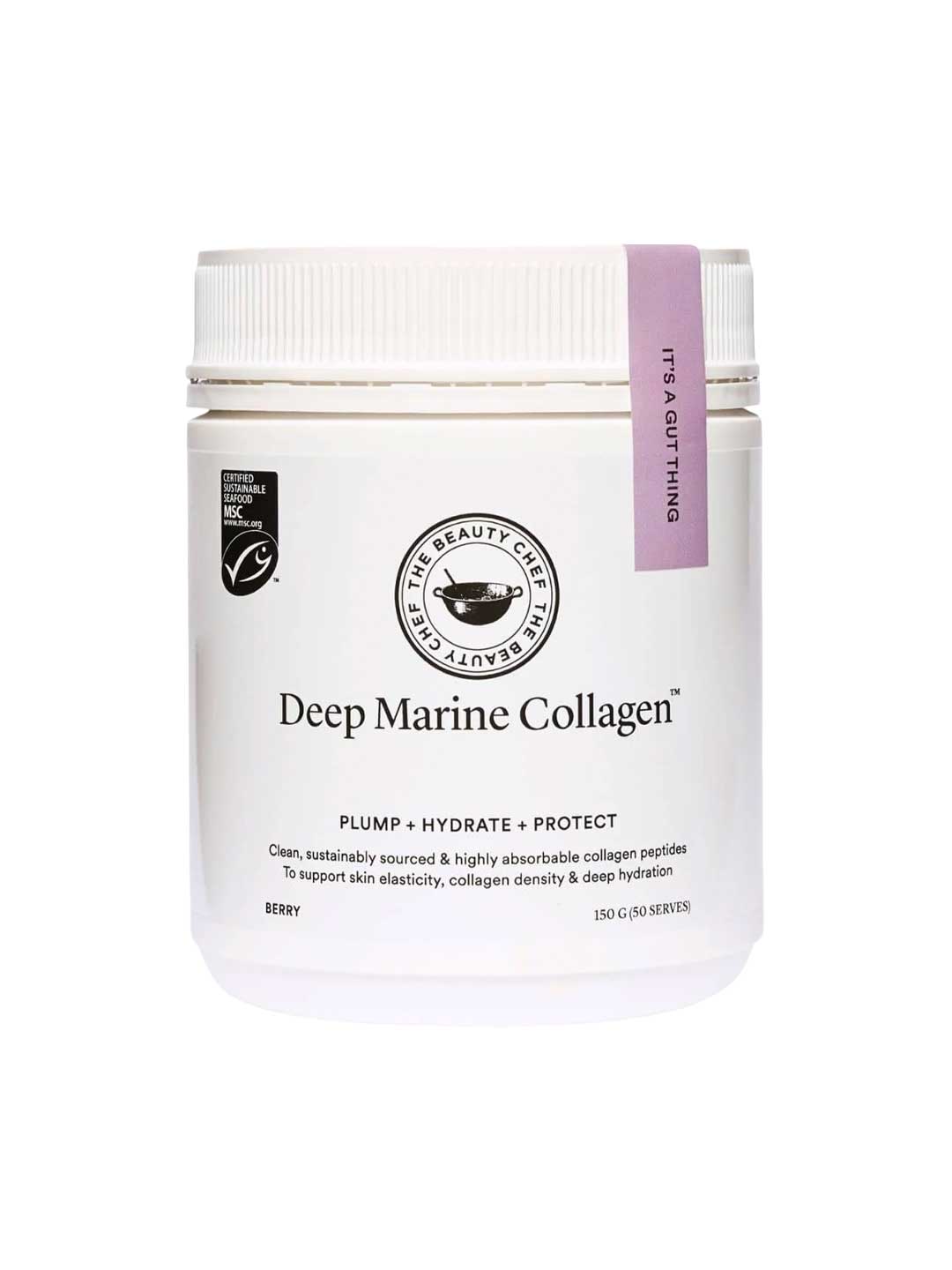 The Beauty Chef Deep Marine Collagen™ Berry 150g comes in a white jar with a purple tag stating "It’s a gut thing." This collagen powder is designed to plump, hydrate, and protect skin for advanced hydration.
