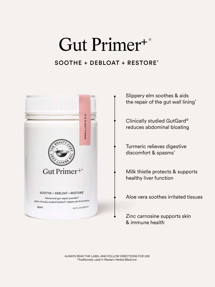 A white jar labeled The Beauty Chef GUT PRIMER+® 140g sits on a light background. Text beside it highlights benefits: soothes gut lining, relieves digestive discomfort, reduces bloating, supports immunity, protects liver, and soothes tissues.