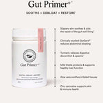 A white jar labeled The Beauty Chef GUT PRIMER+® 140g sits on a light background. Text beside it highlights benefits: soothes gut lining, relieves digestive discomfort, reduces bloating, supports immunity, protects liver, and soothes tissues.