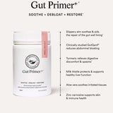 A white jar labeled The Beauty Chef GUT PRIMER+® 140g sits on a light background. Text beside it highlights benefits: soothes gut lining, relieves digestive discomfort, reduces bloating, supports immunity, protects liver, and soothes tissues.