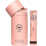 An open pink cylindrical container labeled The Beauty Chef Glow® Sachets 10x 5g reveals individual pink sachets, with one upright beside it. The packaging highlights gut health and Skin + Gut + Wellness for radiant skin.