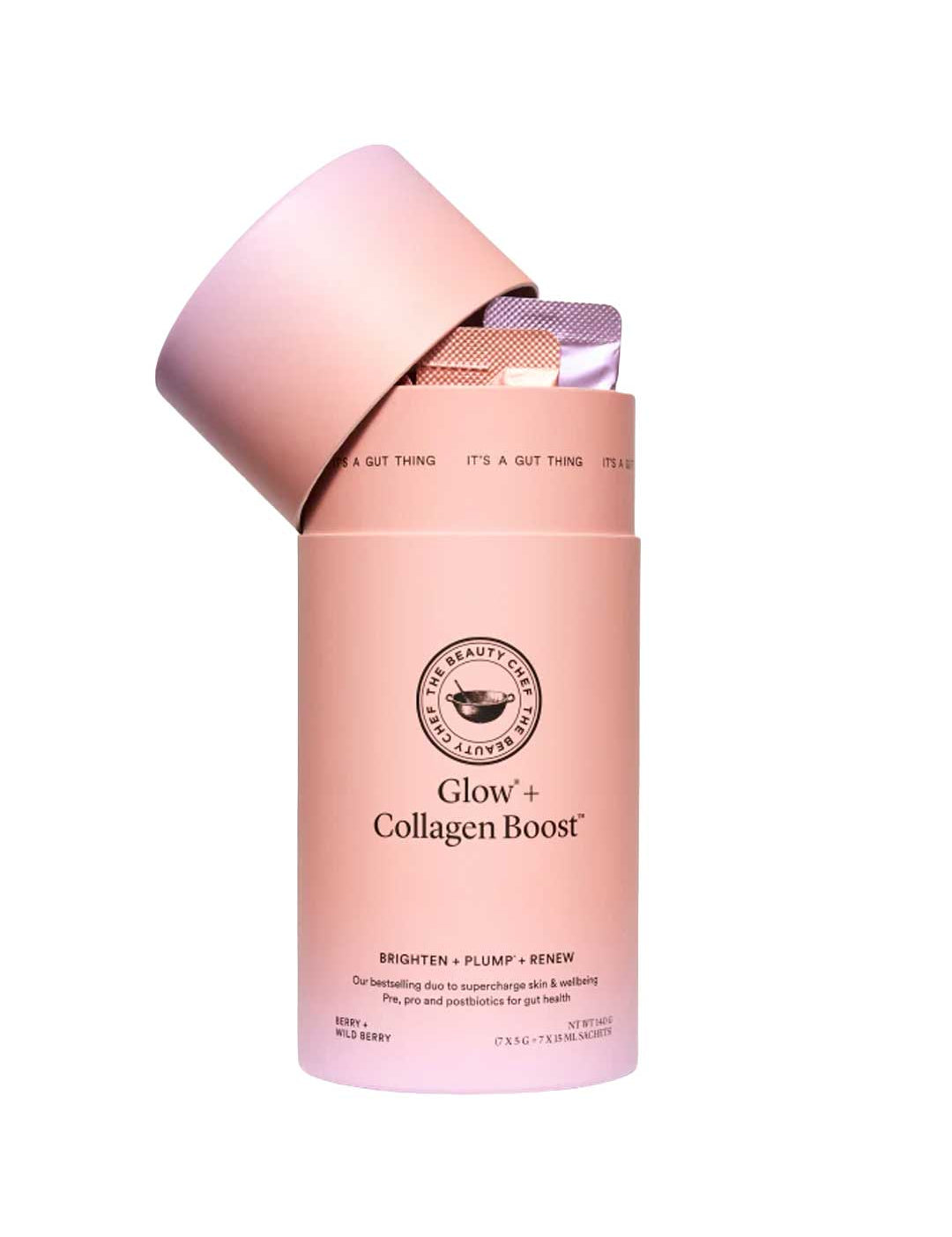 A pink cylindrical container labeled The Beauty Chef Glow® and Collagen Boost™ Sachets, with its lid open to reveal sachets inside. The minimalist design emphasizes beauty supplements for radiant skin and collagen support.