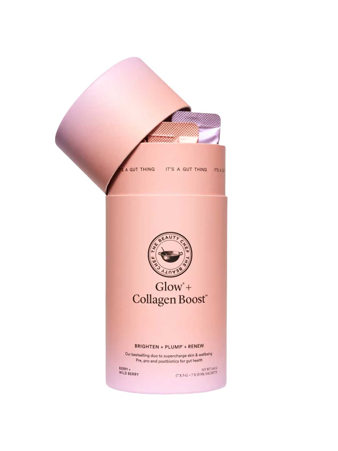 A pink cylindrical container labeled The Beauty Chef Glow® and Collagen Boost™ Sachets, with its lid open to reveal sachets inside. The minimalist design emphasizes beauty supplements for radiant skin and collagen support.