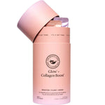 A pink cylindrical container labeled The Beauty Chef Glow® and Collagen Boost™ Sachets, with its lid open to reveal sachets inside. The minimalist design emphasizes beauty supplements for radiant skin and collagen support.