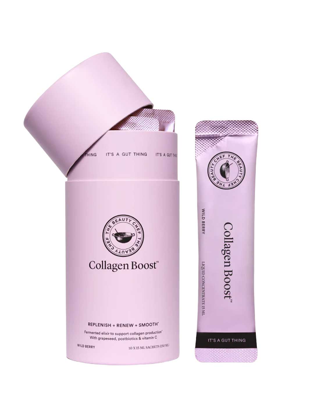 A cylindrical pink container labeled The Beauty Chef Collagen Boost™ Sachets 10 x 15ml, with its lid open beside a single pink stick packet. Both display the logo, promote vegan collagen benefits, and are marked Wild Berry flavor.