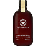 A dark amber bottle labeled The Beauty Chef Hydration Boost™ 500ml with a beige cap and circular logo. This coconut-flavored, bio-fermented probiotic elixir with hyaluronic acid supports hydration, replenishment, and balance.