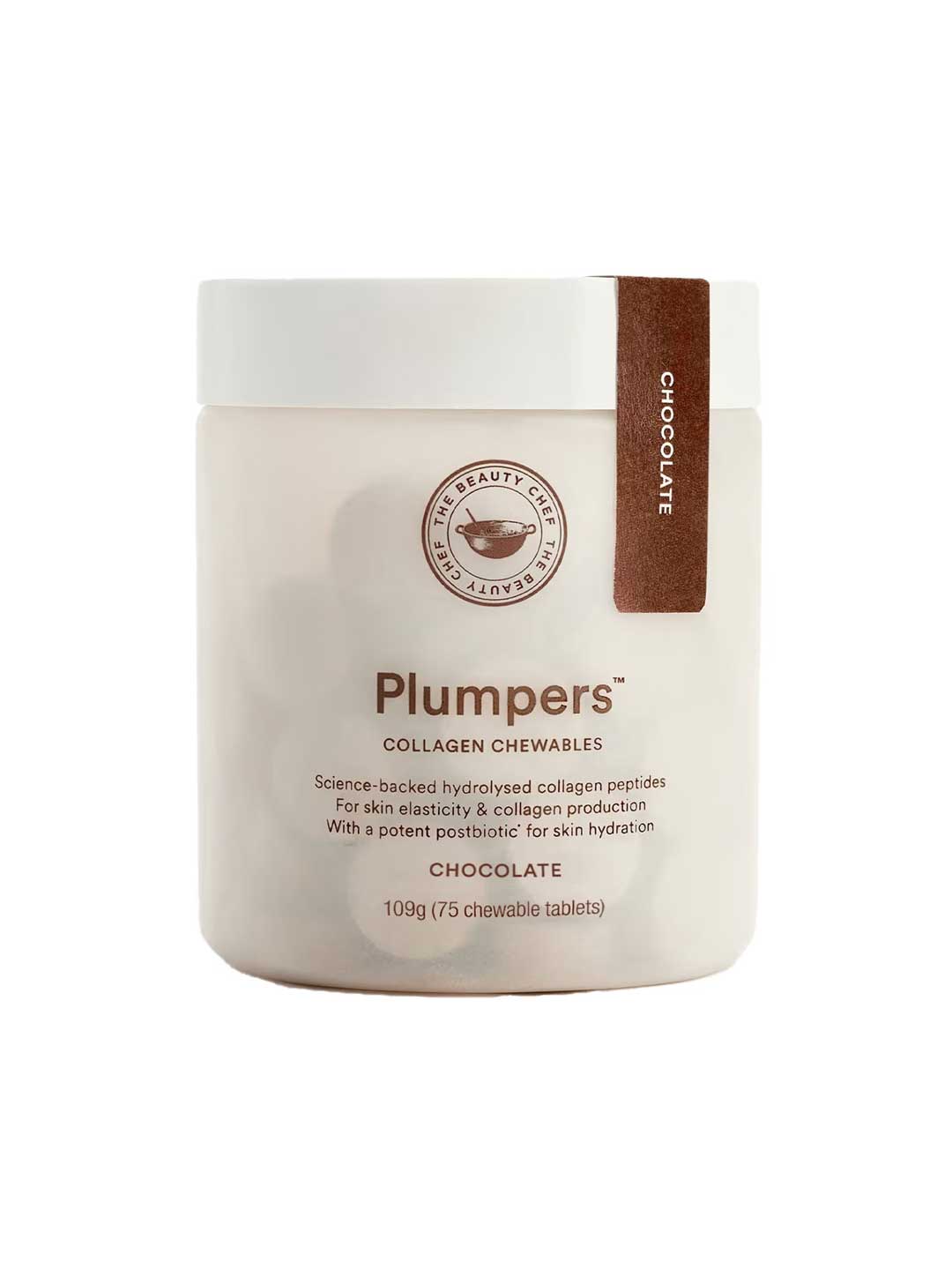 A beige container labeled The Beauty Chef Plumpers™ Chocolate 75 Tablets features collagen peptides and hyaluronic acid for improved skin elasticity and hydration. Contains 75 chewable tablets (109g).