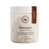 A beige container labeled The Beauty Chef Plumpers™ Chocolate 75 Tablets features collagen peptides and hyaluronic acid for improved skin elasticity and hydration. Contains 75 chewable tablets (109g).