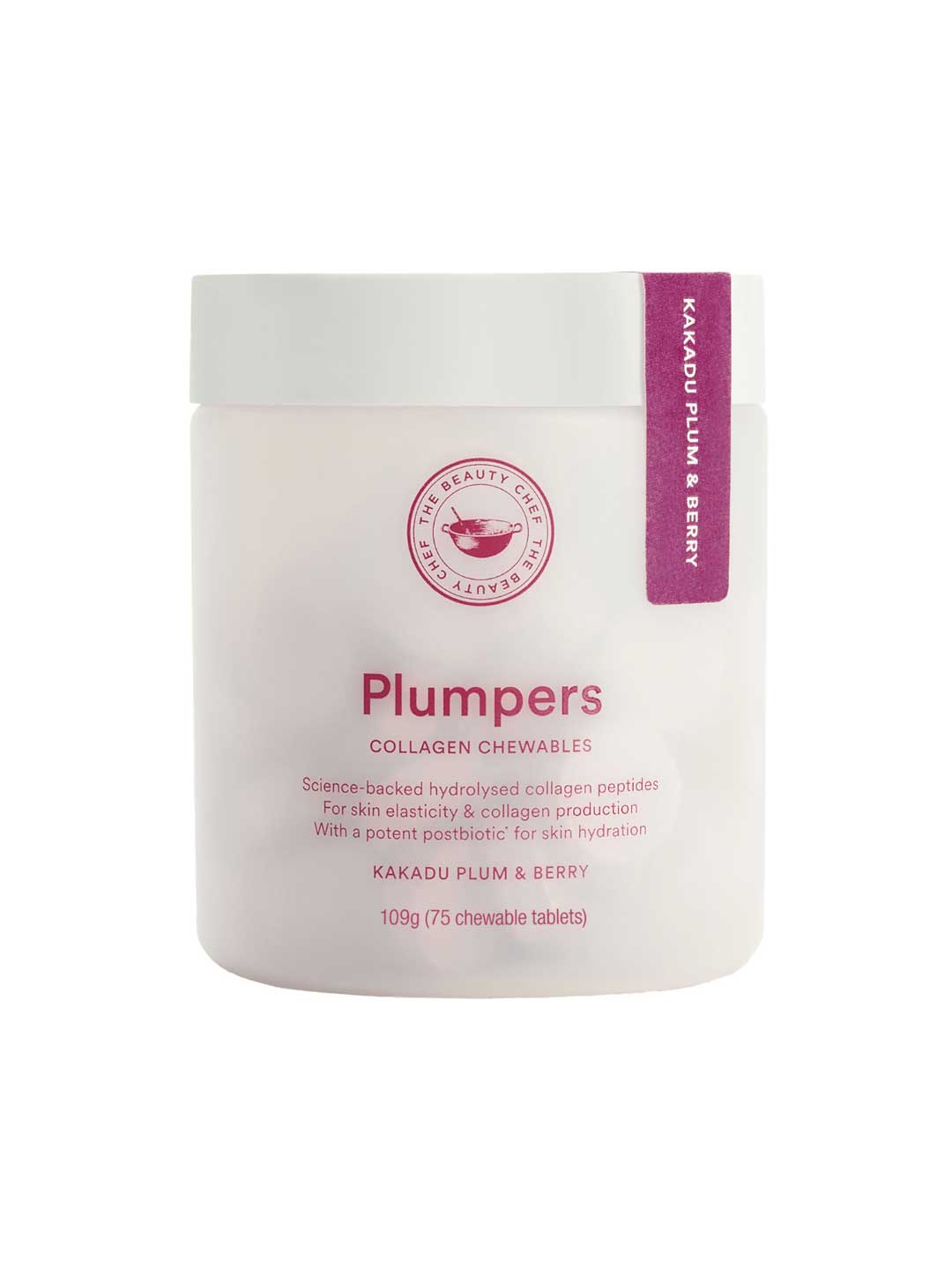 A white jar labeled The Beauty Chef Plumpers™ Kakadu Plum & Berry 75 Tablets with a pink accent and seal. These chewables contain collagen peptides and hyaluronic acid to support skin hydration and elasticity.
