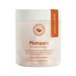 The Beauty Chef Plumpers™ Orange & Turmeric contains 75 chewable tablets with collagen peptides for skin hydration and elasticity. The white container features a label with an orange tag highlighting the orange and turmeric flavor.