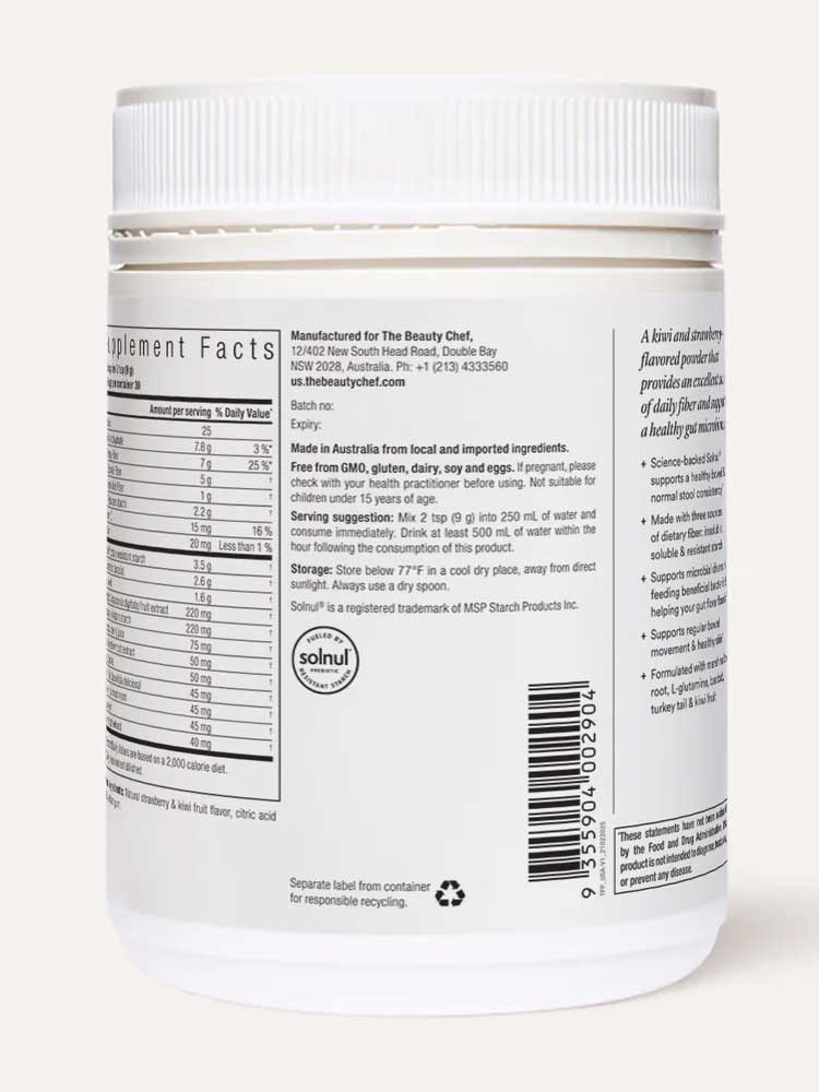 A white plastic container of The Beauty Chef The Perfect Poo™ 270g shows a nutrition label, ingredients, and manufacturer details. A barcode and recycling symbol are visible near the bottom.