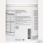 A white plastic container of The Beauty Chef The Perfect Poo™ 270g shows a nutrition label, ingredients, and manufacturer details. A barcode and recycling symbol are visible near the bottom.