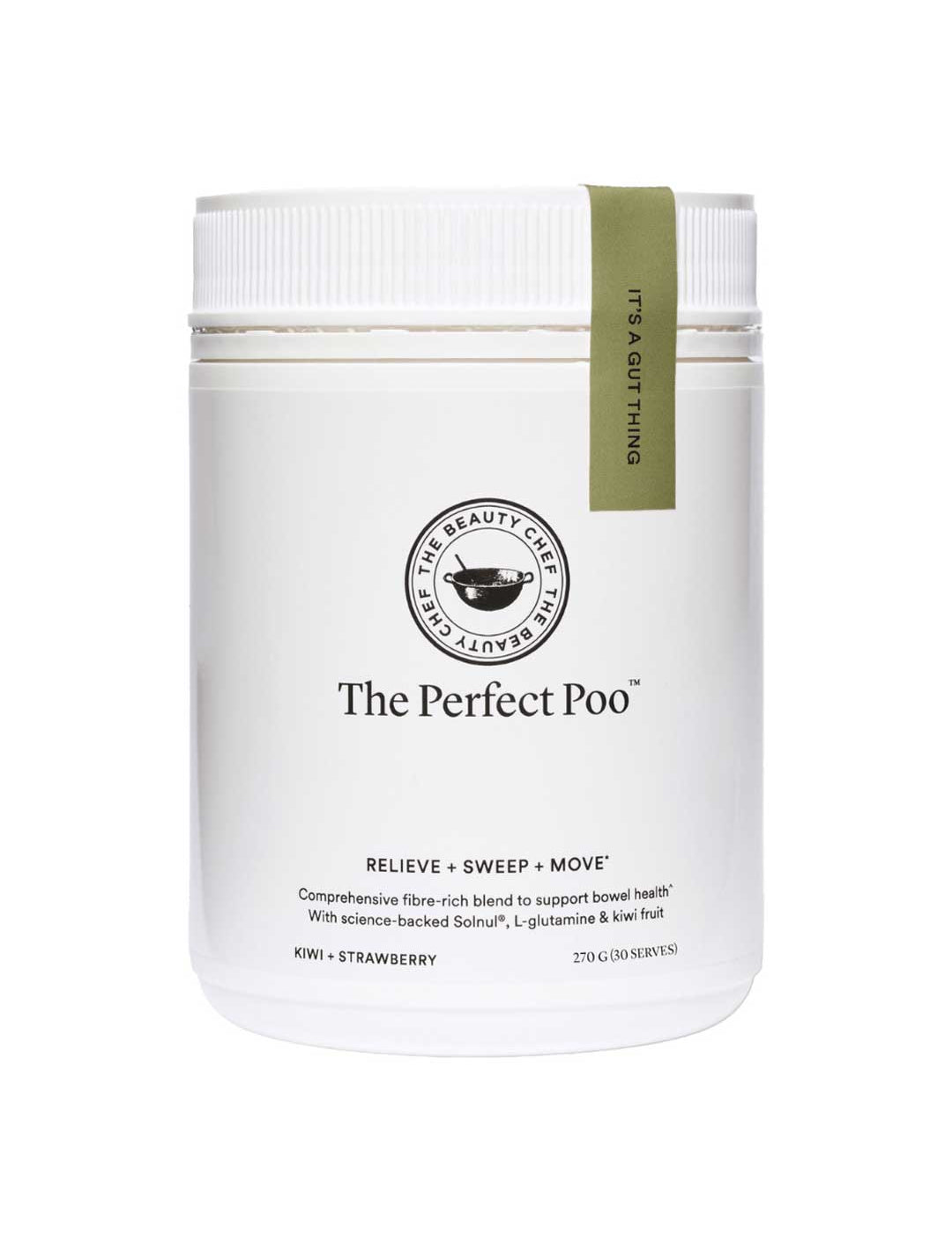 A white container labeled The Beauty Chef The Perfect Poo™ 270g in kiwi and strawberry flavor supports digestive health with prebiotic and resistant starch. A small green tag on the lid reads, IT'S A GUT THING.