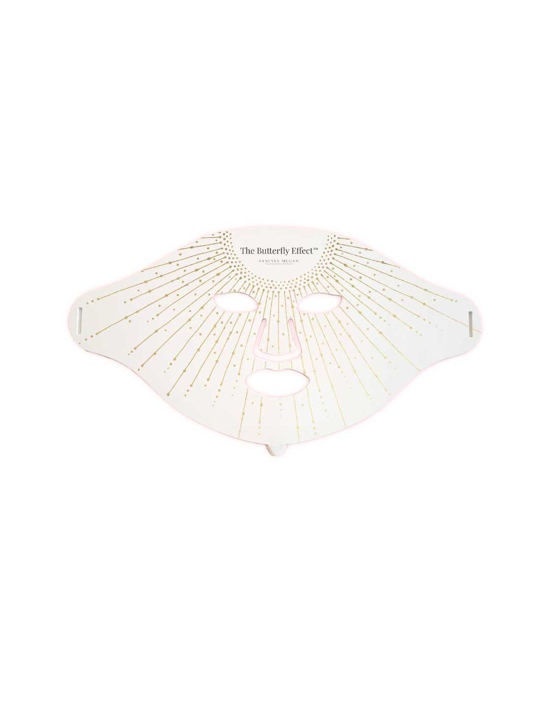 The Vanessa Megan The Butterfly Effect Medical-Grade Silicone LED Face Mask is a white mask with eye, nose, and mouth cutouts, adorned with gold lines and dots—an elegant at-home skincare device.