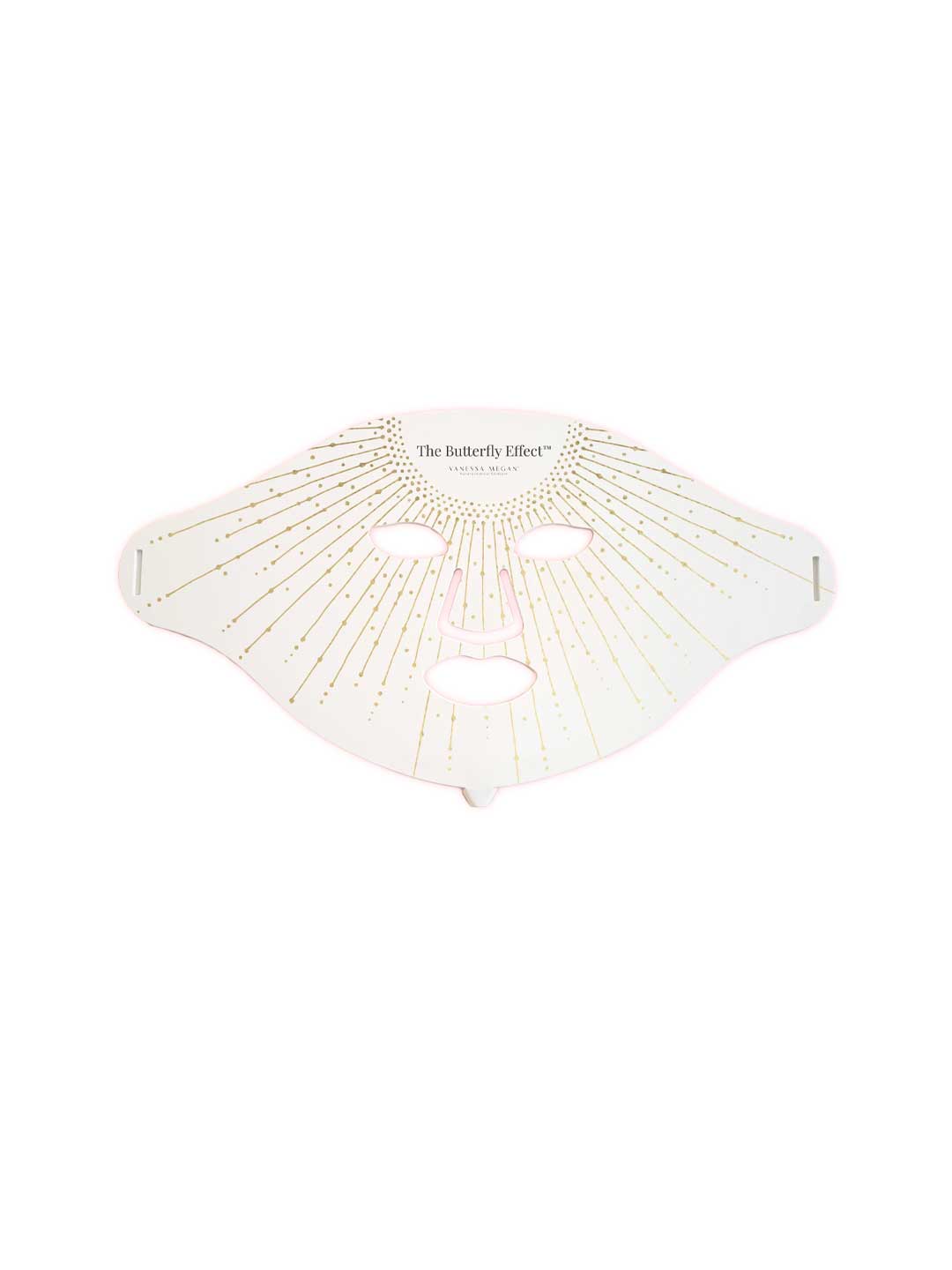 The Vanessa Megan The Butterfly Effect Medical-Grade Silicone LED Face Mask is a white mask with eye, nose, and mouth cutouts, adorned with gold lines and dots—an elegant at-home skincare device.