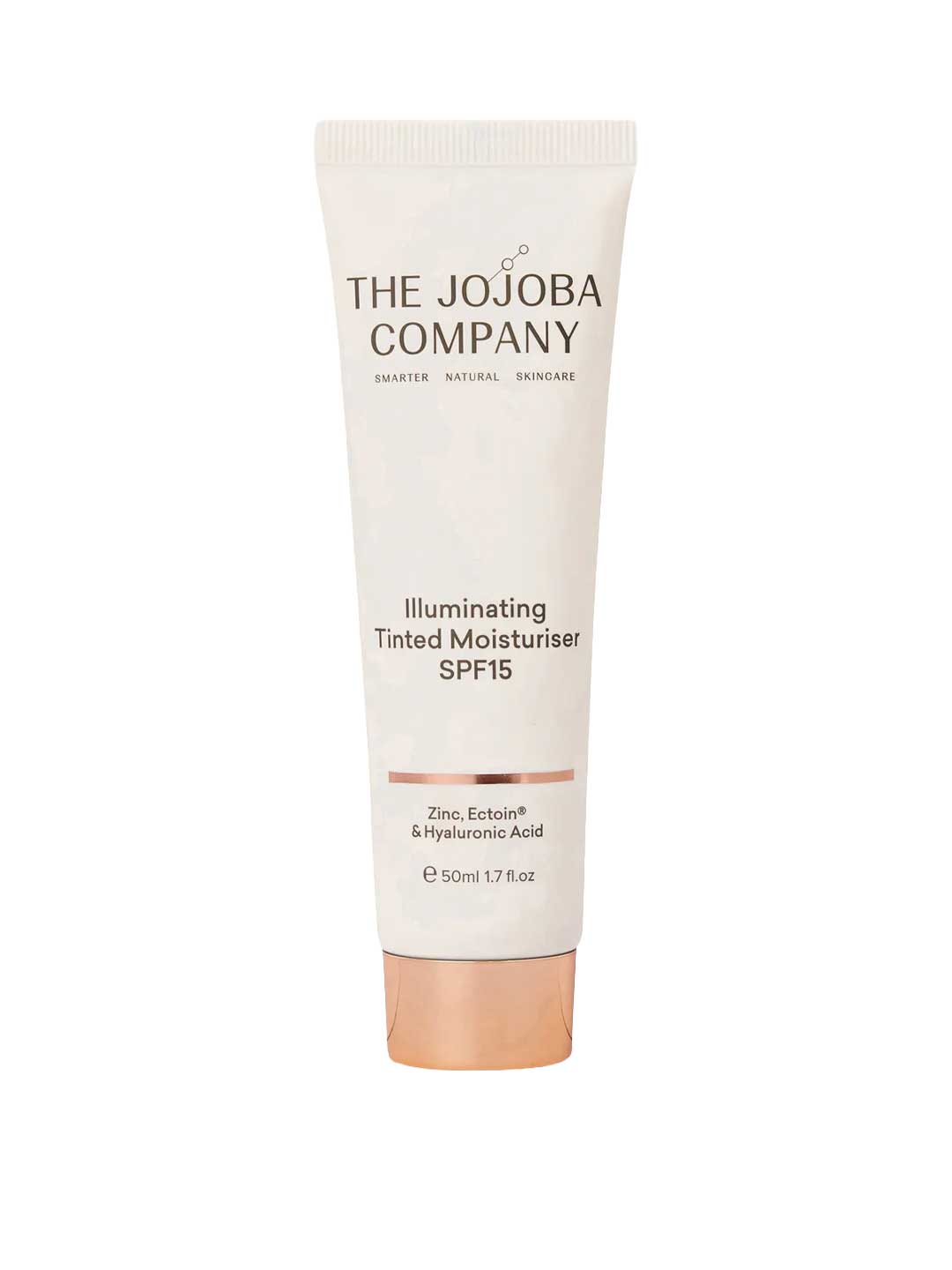 The Jojoba Company Illuminating Tinted Moisturiser SPF15 50ml, containing zinc, ectoin, and hyaluronic acid for hydration and redness reduction, is shown upright against a white background.
