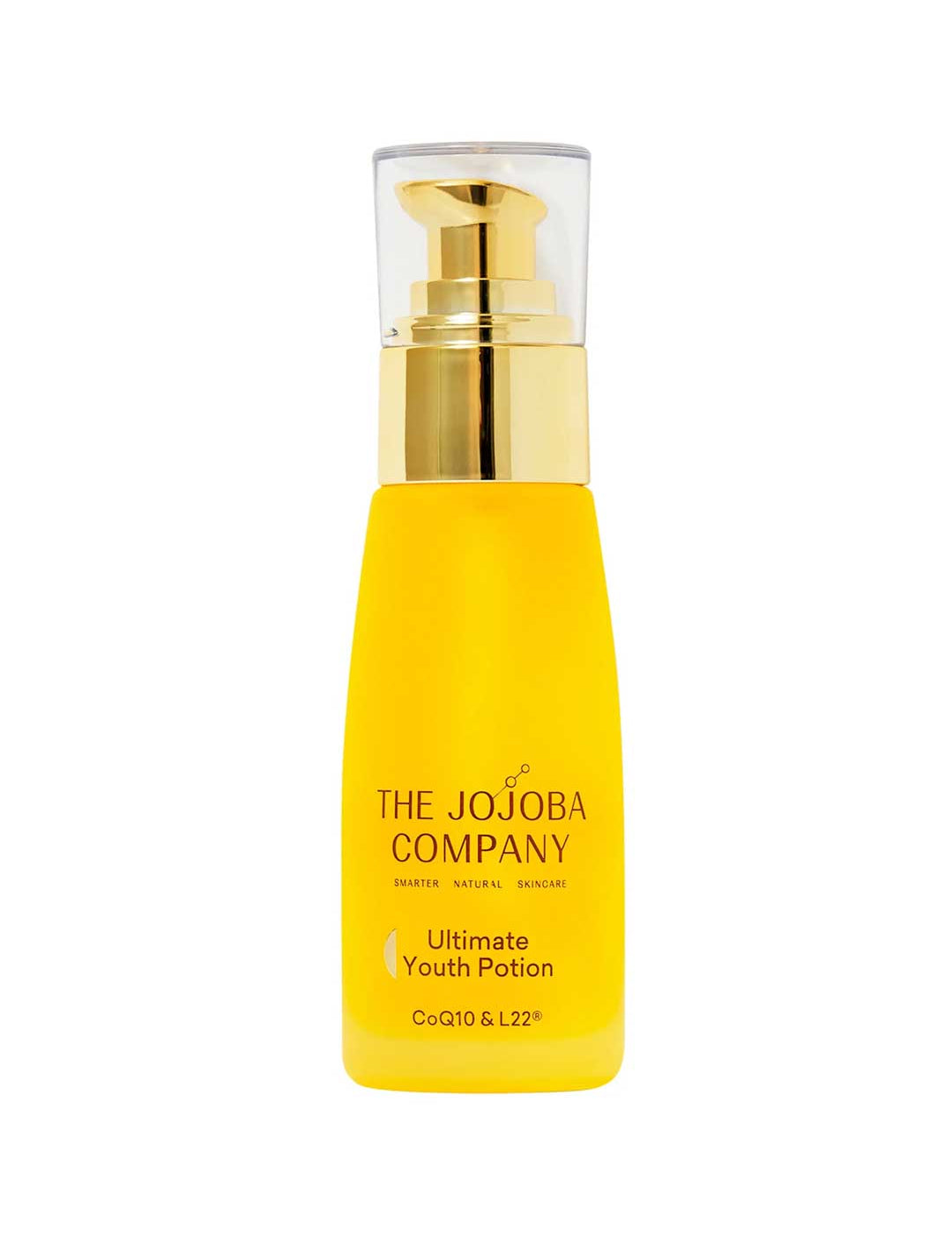 A yellow 50ml bottle of The Jojoba Company Ultimate Youth Potion + L22 with a gold pump and clear cap; this anti-ageing facial oil, labeled CoQ10 & L22®, uses Australian Jojoba Oil and the L22 formula for youthful-looking skin.