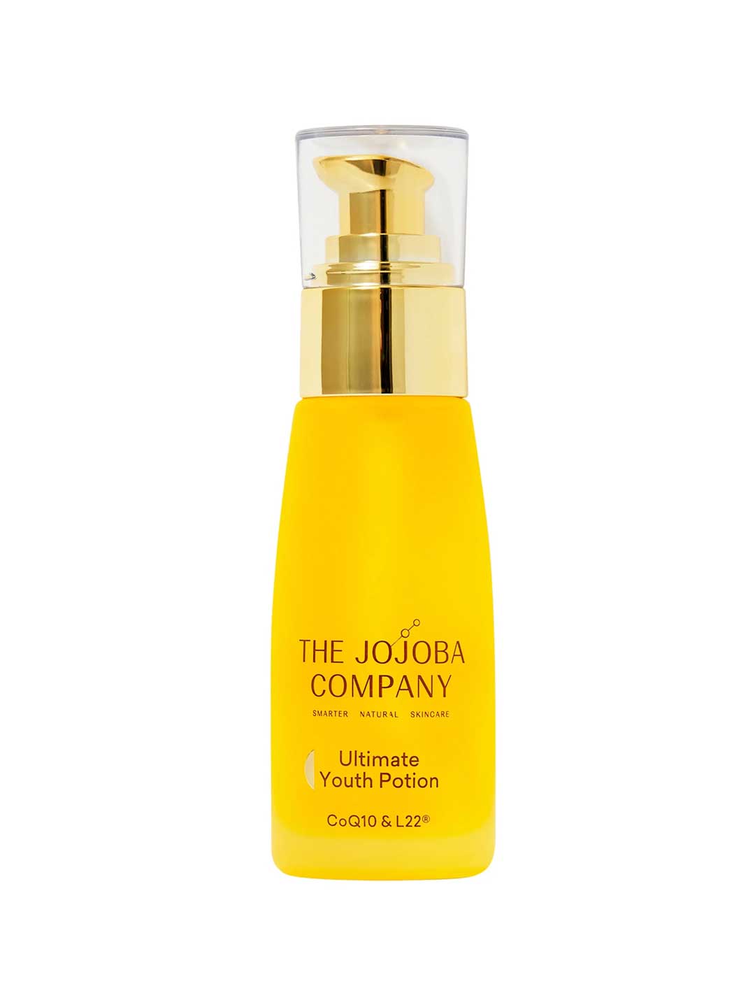 A yellow 50ml bottle of The Jojoba Company Ultimate Youth Potion + L22 with a gold pump and clear cap; this anti-ageing facial oil, labeled CoQ10 & L22®, uses Australian Jojoba Oil and the L22 formula for youthful-looking skin.