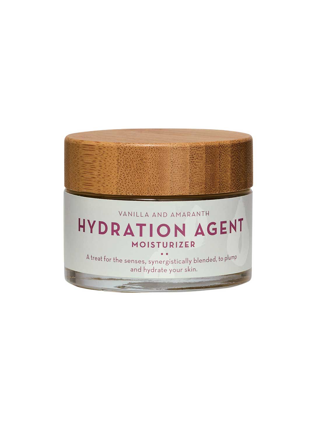 The Organic Skin Co Hydration Agent 50ml is an organic moisturizer in a glass jar with a wooden lid, designed to plump and hydrate dry skin with its synergistic Vanilla and Amaranth formula.