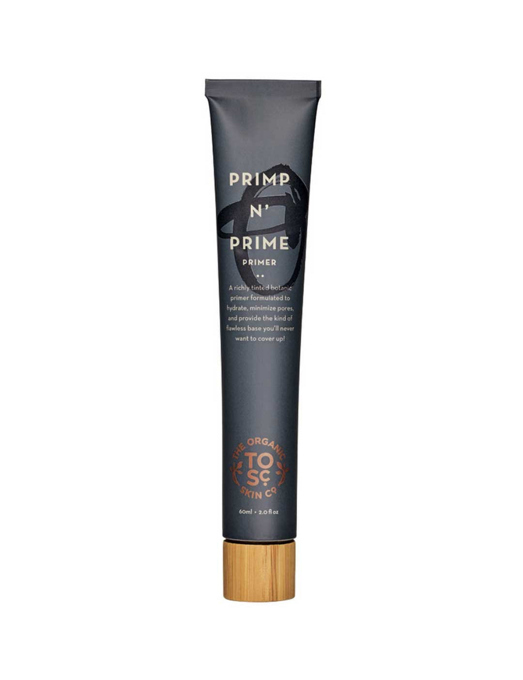 A black tube of The Organic Skin Co Primp N' Prime Primer Sun Kissed, 60ml, with gold writing and a gold cap stands upright against a white background. This vegan primer offers a radiant finish.