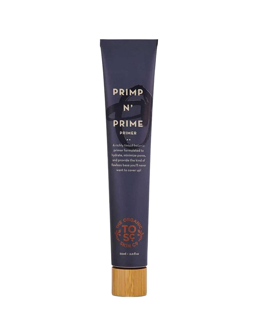 A black tube of The Organic Skin Co Primp N' Prime Primer Sun Kissed, 60ml, with gold writing and a gold cap stands upright against a white background. This vegan primer offers a radiant finish.
