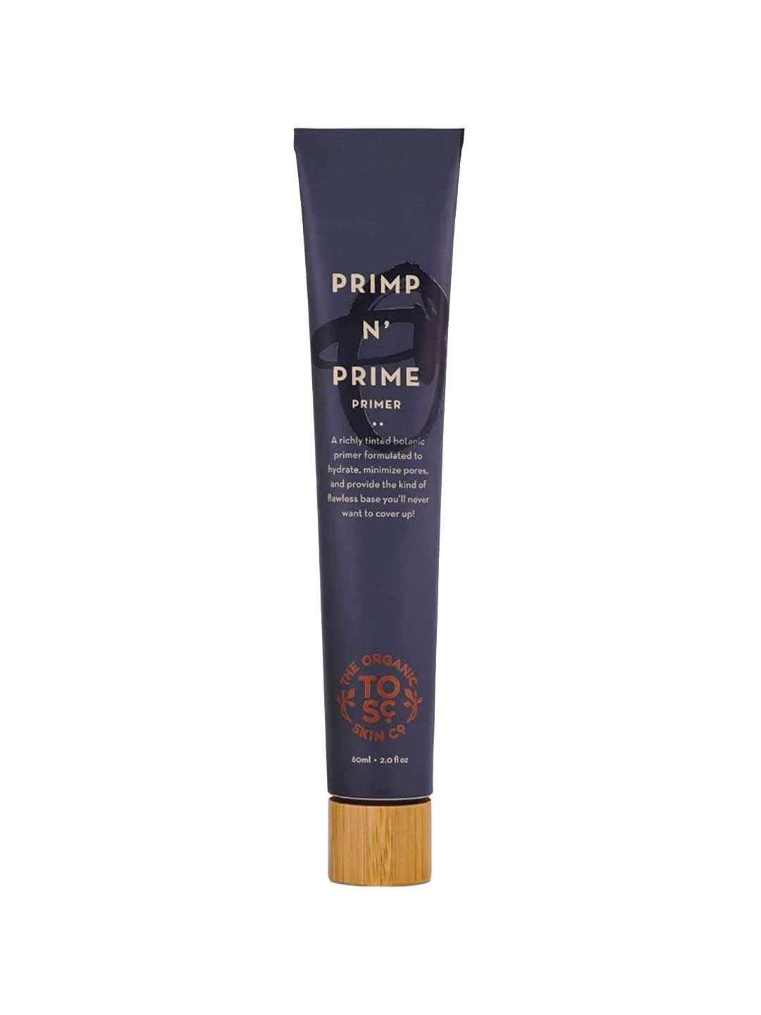 A dark purple 60ml tube labeled "The Organic Skin Co Primp N' Prime Face Primer," with a bamboo cap, product description, and an orange logo near the bottom, highlighting its vegan makeup primer formula.
