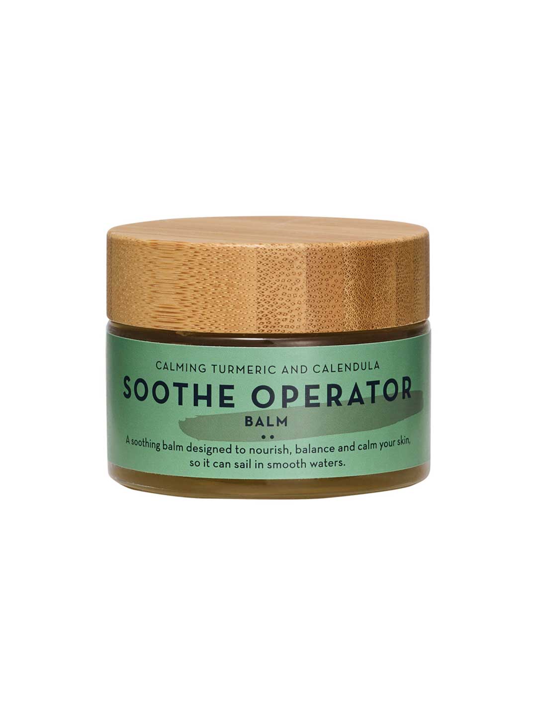 The Organic Skin Co Soothe Operator Balm 50ml comes in a green jar with a wooden lid, featuring calming turmeric and calendula. This organic, nourishing, and balancing balm is ideal for sensitive skin.
