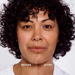 A woman with curly hair is shown in a split-screen: left side makeup-free, right side glowing after using The Organic Skin Co The Only Glow Tinted Face Oil - Deep. Text reads before, after, and Jane – wearing shade Deep.