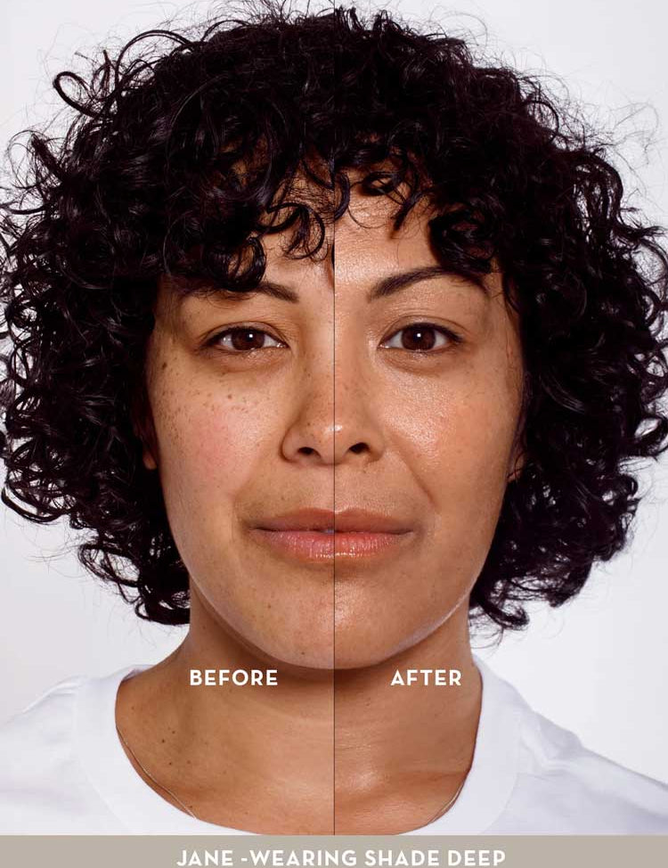 A woman with curly hair is shown in a split-screen: left side makeup-free, right side glowing after using The Organic Skin Co The Only Glow Tinted Face Oil - Deep. Text reads before, after, and Jane – wearing shade Deep.