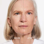 Split image of an older woman’s face shows “before” (left) and “after” (right) using The Organic Skin Co The Only Glow Tinted Face Oil - Light 30ml; skin appears smoother, more even, and radiant. Text: “LISETTE – WEARING SHADE LIGHT.”.