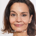A woman’s face split down the middle; the “before” left side shows wrinkles and uneven tone, while the “after” right side glows smoothly after using The Organic Skin Co The Only Glow Tinted Face Oil Medium 30ml. Text: “Tiffany - Wearing Shade Medium.”.