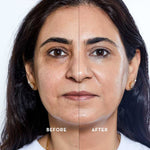 A woman’s face is split down the middle: the left ("Before") shows uneven skin tone and dark spots, while the right ("After") features a luminous, even complexion. Text below reads, The Organic Skin Co The Only Glow Tinted Face Oil Medium 30ml.