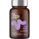 A brown bottle with a silver lid labeled The Vitalogy Project Brain Health 60 caps, featuring a purple abstract design and containing capsules to support brain health and cognitive performance.