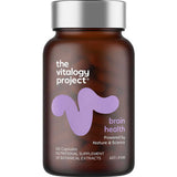 A brown bottle with a silver lid labeled The Vitalogy Project Brain Health 60 caps, featuring a purple abstract design and containing capsules to support brain health and cognitive performance.