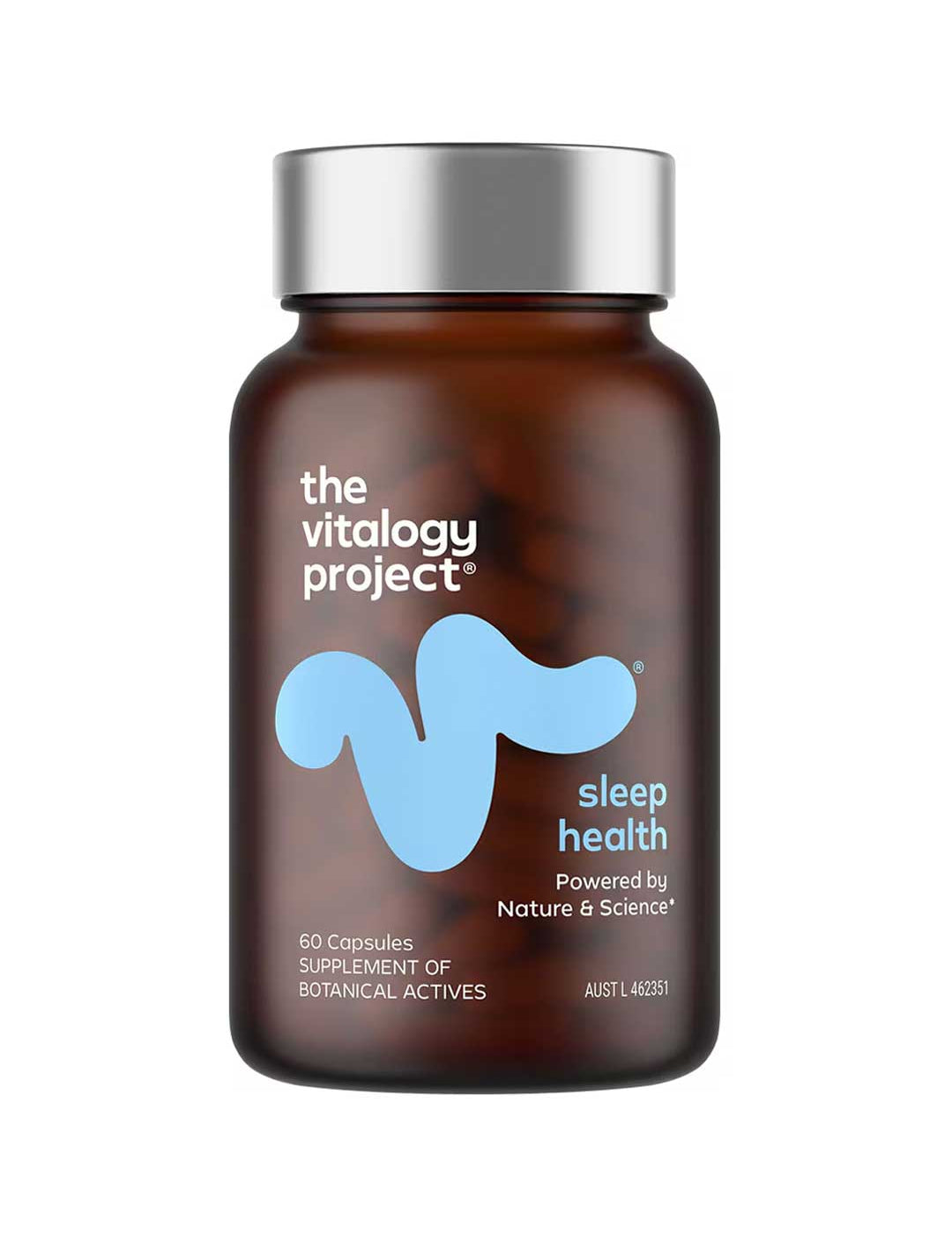 A brown bottle labeled "The Vitalogy Project Sleep Health 60 caps" features a light blue abstract design and text stating "Powered by Nature & Science" with key ingredients like ashwagandha.