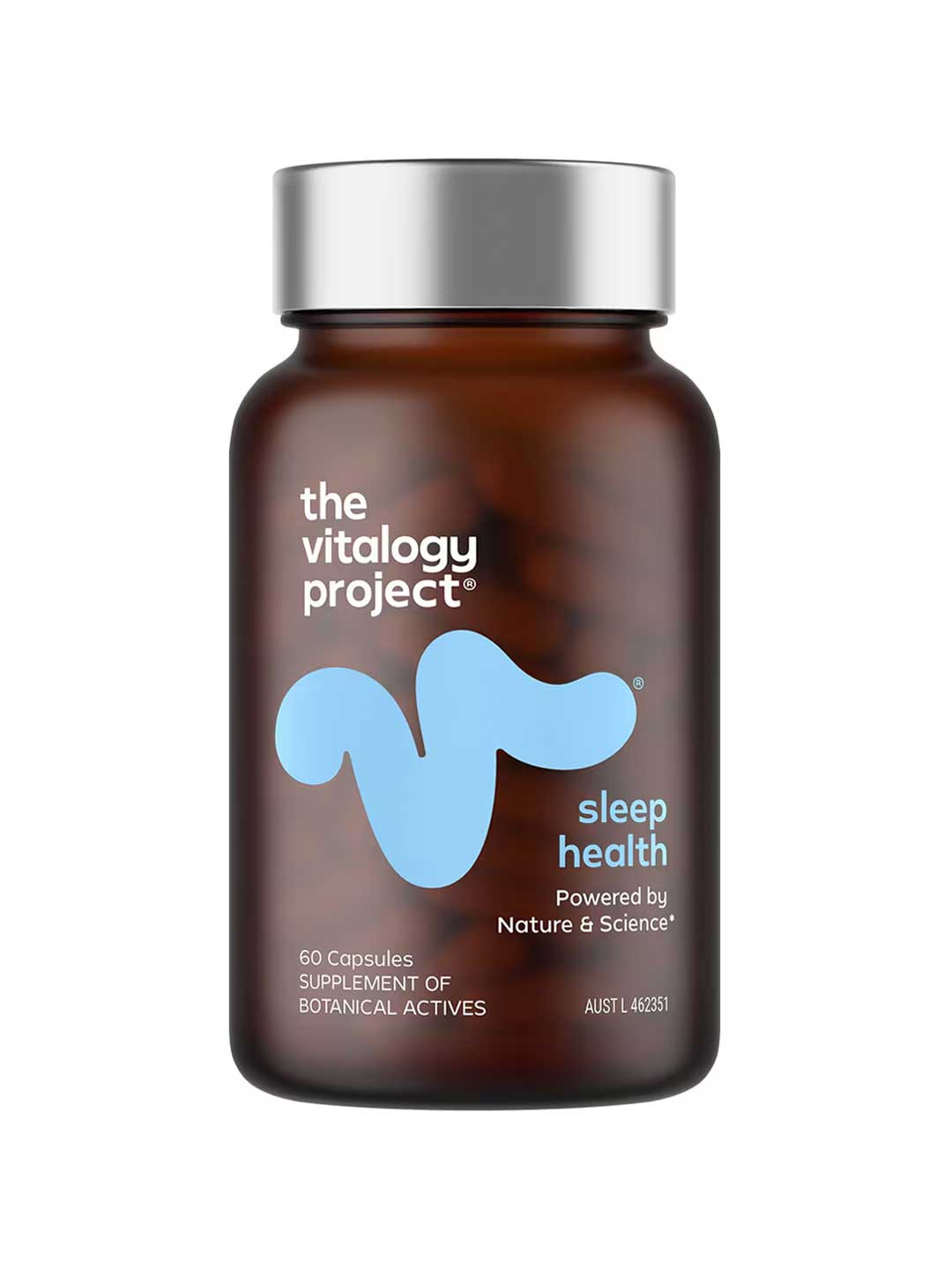 A brown bottle labeled "The Vitalogy Project Sleep Health 60 caps" features a light blue abstract design and text stating "Powered by Nature & Science" with key ingredients like ashwagandha.