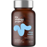 A brown bottle labeled "The Vitalogy Project Sleep Health 60 caps" features a light blue abstract design and text stating "Powered by Nature & Science" with key ingredients like ashwagandha.
