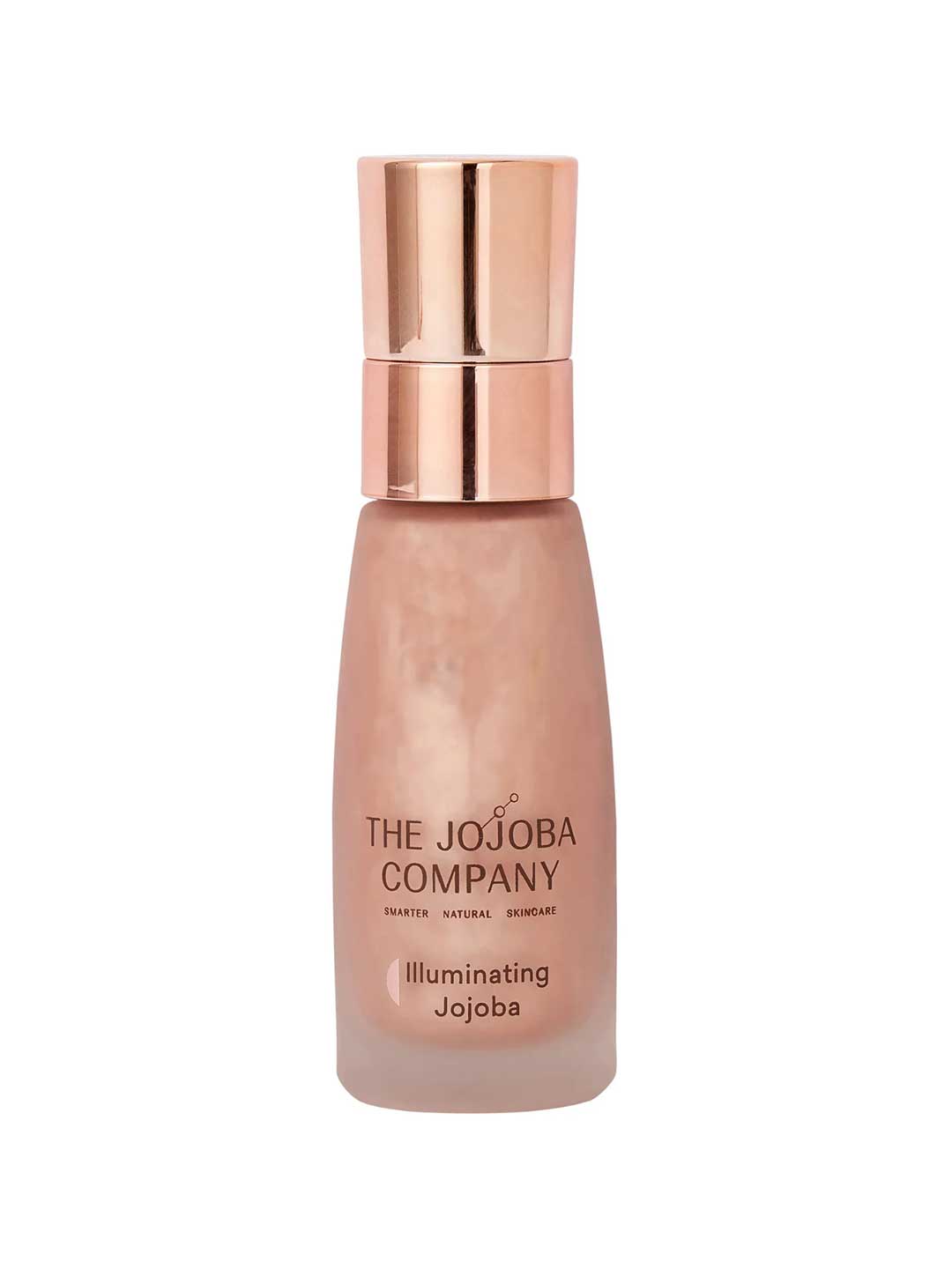 The Jojoba Company Illuminating Jojoba 50ml, a radiance-boosting facial oil in a clear glass bottle with a gold pump, blended with light-reflecting mica, jasmine and mandarin for a luminous glow.