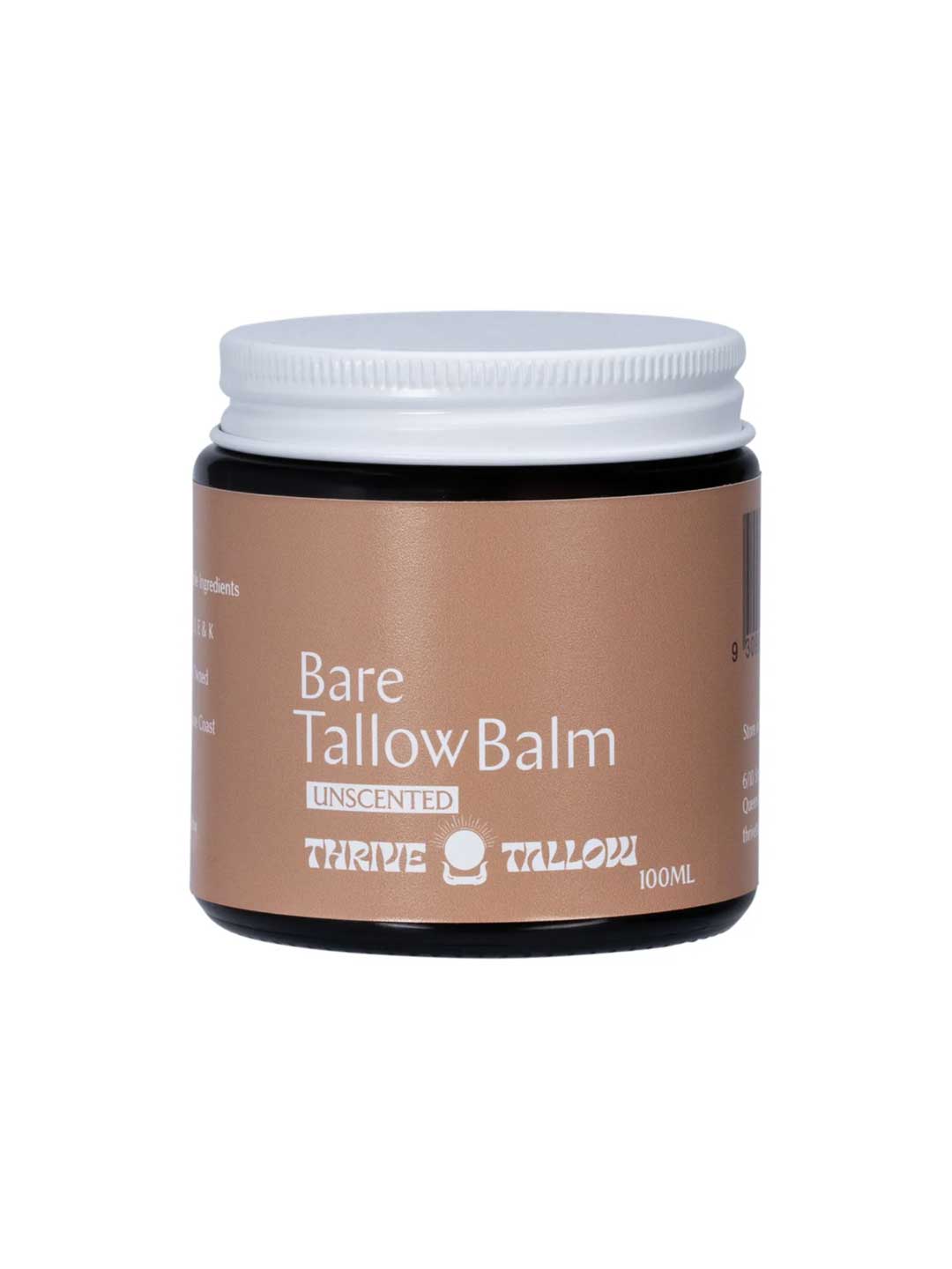 A 100ml brown jar of Thrive Tallow Bare Tallow Balm, unscented and made with grass-fed tallow for sensitive skin, features a white screw-top lid.