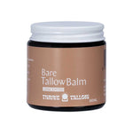 A 100ml brown jar of Thrive Tallow Bare Tallow Balm, unscented and made with grass-fed tallow for sensitive skin, features a white screw-top lid.