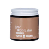 A 100ml brown jar of Thrive Tallow Bare Tallow Balm, unscented and made with grass-fed tallow for sensitive skin, features a white screw-top lid.