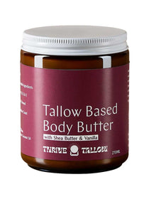Thrive Tallow Based Body Butter in a wide brown jar with a ribbed white lid and a burgundy label reading With Shea Butter & Vanilla.