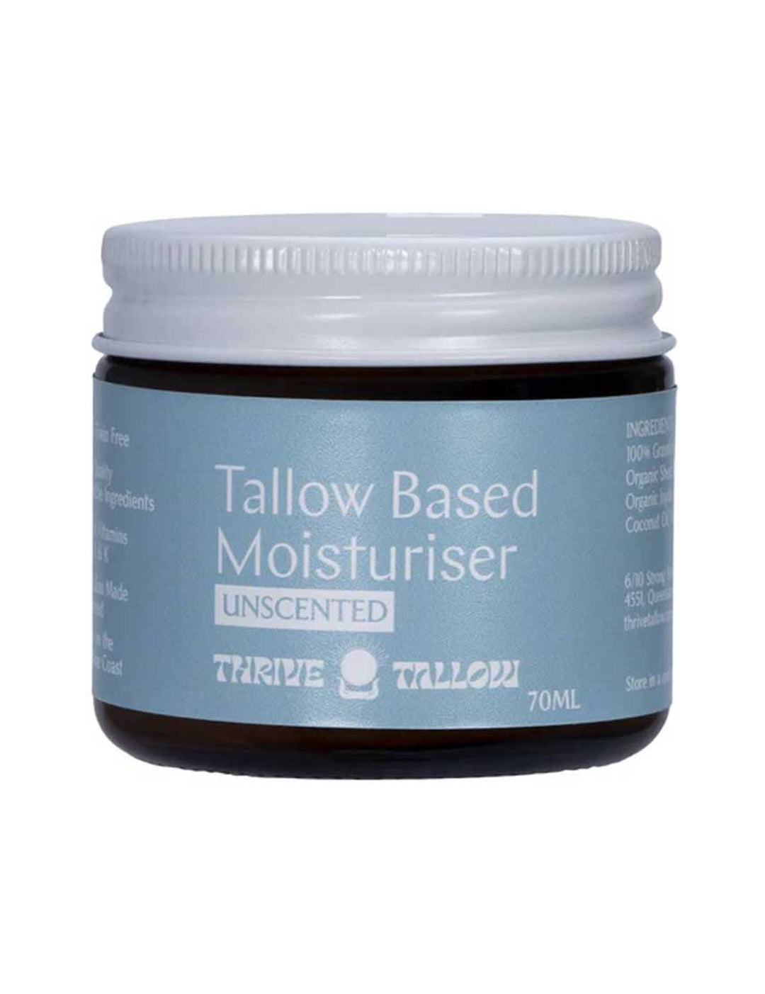 Thrive Tallow Based Moisturiser Unscented 70ml closed jar on a white background