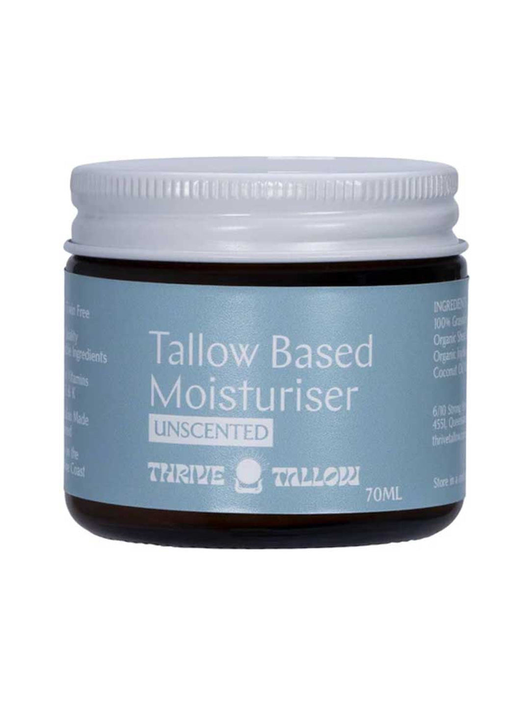 Thrive Tallow Based Moisturiser Unscented 70ml closed jar on a white background